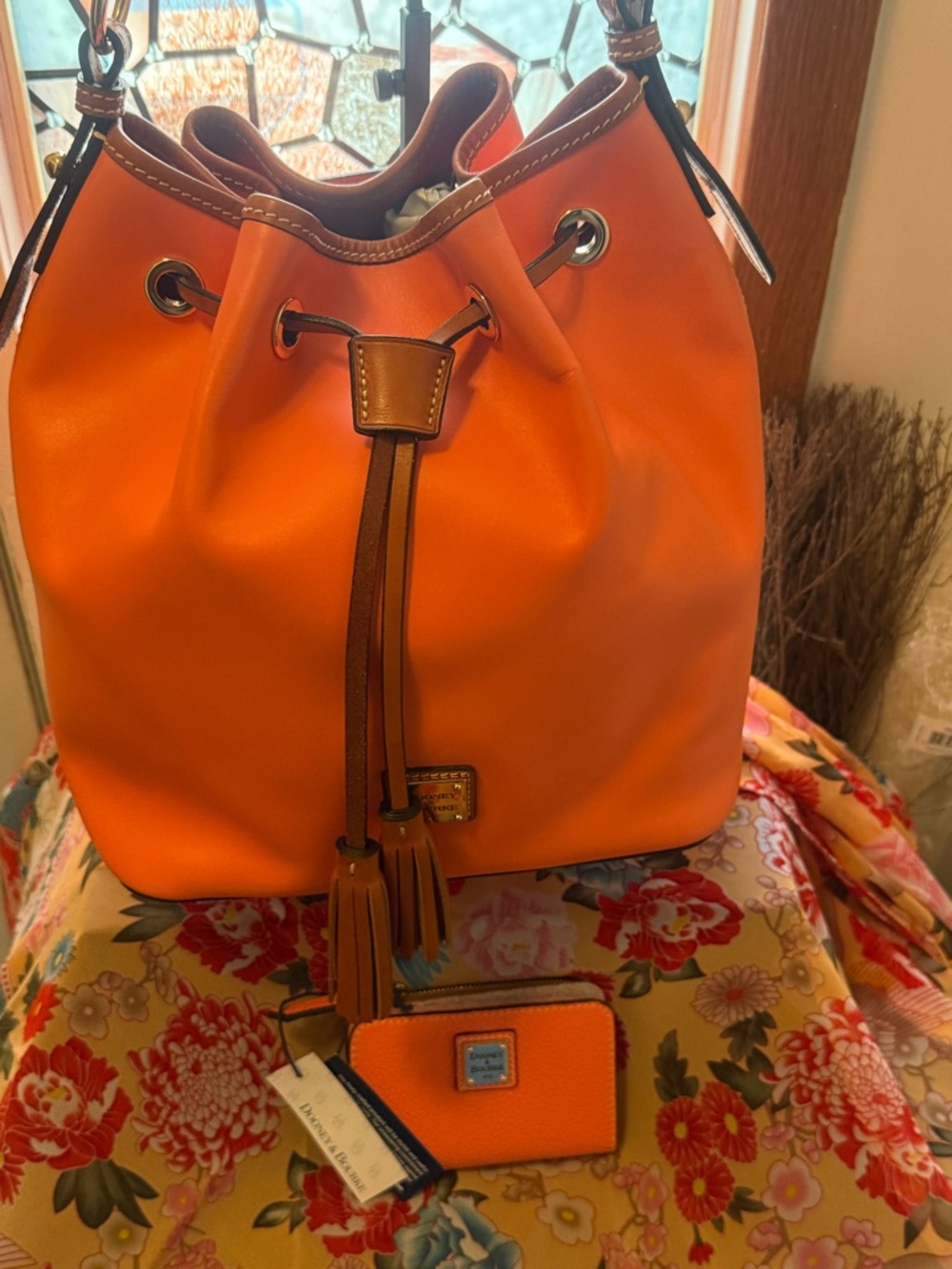 Dooney & Bourke Coral Pebbled Leather Drawstring Bucket Bag with matching wallet - Picture 5 of 13